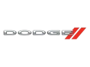 The image shows the Dodge logo with silver letters and two red diagonal slashes at the end, set against a black background.