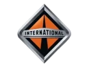 international-logo The image shows the International Trucks logo: a diamond shape with an orange and black background and "INTERNATIONAL" written across the center in silver letters.