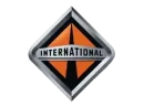 The image shows the International Trucks logo: a diamond shape with an orange and black background and "INTERNATIONAL" written across the center in silver letters.