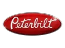 Red oval Peterbilt logo with the brand name written in white script on a black background.